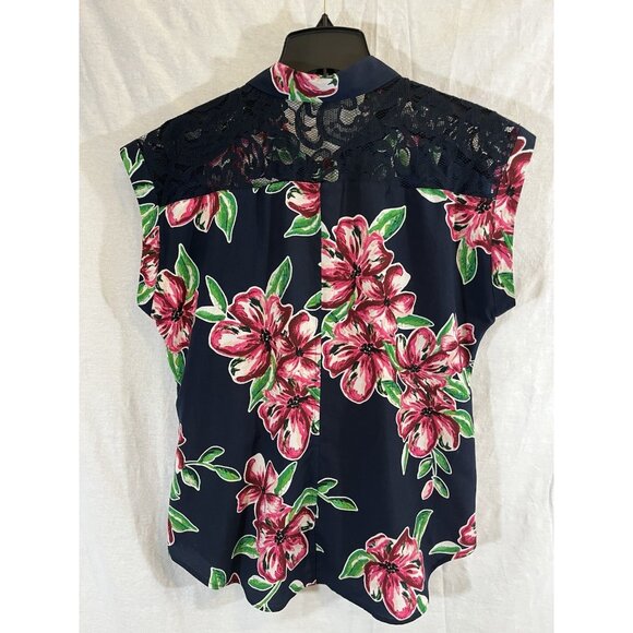 Van Heusen Women's Floral Medium Navy Floral Button Up Lace Back Blouse - Picture 4 of 7